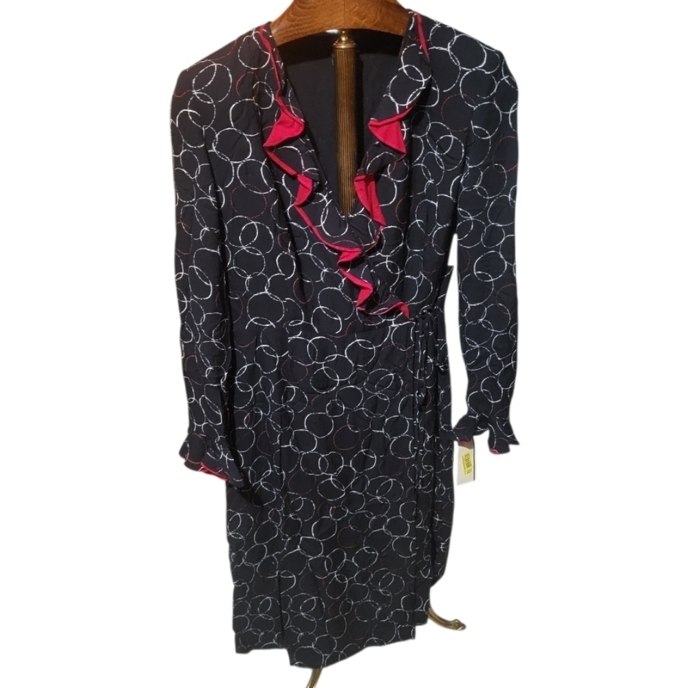 Due Per Due Veste Navy Blue Ruffled Silk Wrap Midi Dress Cap Sleeve Size 10